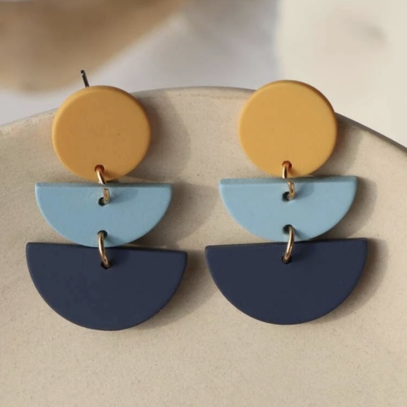 Yellow and blue geometric drop earrings - Picture 2 of 4